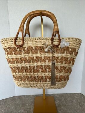 Nautical Summer Woven Straw Tote Bag in Natural Brown Zip Boho Festival Purse